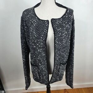 Cocogio Cardigan Jacket Women XL Black White Herringbone Wool Blend Italy